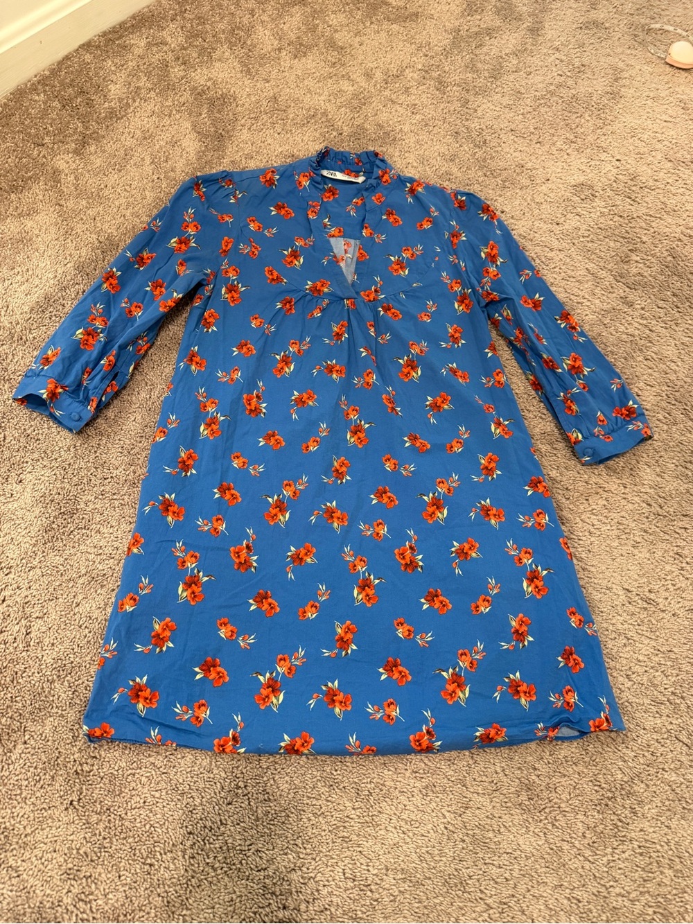 Zara Emma Blue Orange Floral Hibiscus V-Neck Long Sleeve Tunic Mini Dress Small - Picture 8 of 15